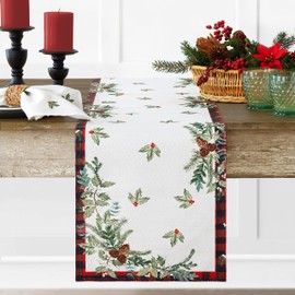 Lintex Aspen Red Black Plaid and Garland Bordered Christmas Fabric Table Runner, Cottage Check Bordered Xmas and Holiday Print 70 Inch Long Table Runner