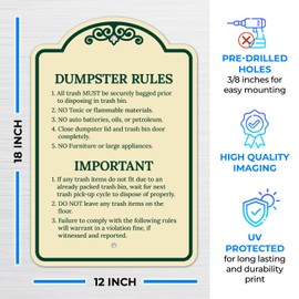 Dumpster Rules All Trash Must Be Bagged Prior to Disposing in Trash Bin Décor Sign, Green Light, 12x18 Inches, ACM, Fade Resistant, Made in USA