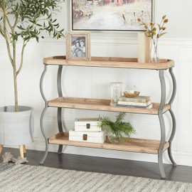 Deco 79 Wood 2 Shelves Console Table with Bowed Grey Metal Legs, 39" x 13" x 33", Brown