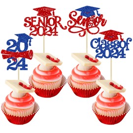 Gyufise 24Pcs 2024 Senior Graduation Cupcake Toppers with Glitter Senior Class of 2024 Cupcake Picks Senior 2024 Cupcake Decorations for Graduation Theme Party Supplies Blue Red