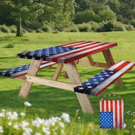 Mapaim 3PCS Picnic Table Cover with Bench Covers Set –American Flag Fitted Camping Tablecloth, Waterproof & Windproof Table Cover with Elastic Edges for 6ft Table and Benches (72"x30" + 72"x12")