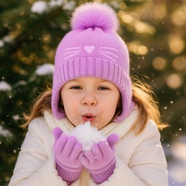 Girls Winter Hat and Gloves Set, Kids Cat Embroidered Knit Beanie with Earflaps Fleece Lined Pom Pom Ski Cap for 2-10Y(Purple,5-10 Years)