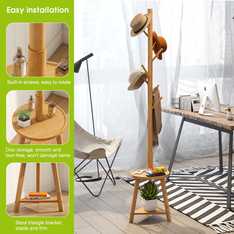 BMOSU Coat Rack freestanding Stand with 2 Shelves Bamboo Wooden
