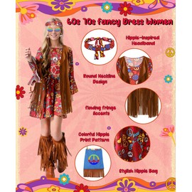 COYBTO 70s Fancy Dress Women, 60s Hippie Costume Outfit with Fringe Vest Bag Necklace Set, 70s Disco Fancy Dress, 1970s Retro Hippie Costume Hippy Clothes for Carnival Cosplay Party (1, XL)