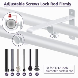 Double Curtain Rod Brackets - Heavy Duty Holders, White - 6 Pack Hooks & Hangers for Wall - Vintage Drapery Rod Support for 1-1.1 Inch Drape Poles