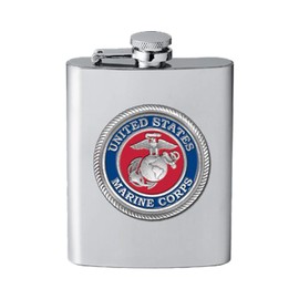 Heritage Pewter Marines Flask - Eagle Globe & Anchor | 8 Ounce Liquor Flask Container - Stainless Steel | Intricately Crafted Metal Pewter Alma Mater Inlay