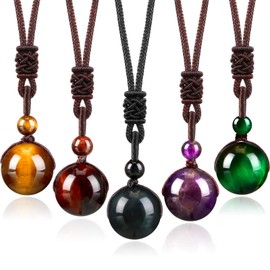 Tiger Eye Chakra Round Bead Pendant Necklaces Natural Quartz Amethyst Obsidian Turquoise Healing Crystal Pendant with Adjustable Nylon Rope (Red Amber, Yellow Amber, Purple, Green, Black,5 Pieces)