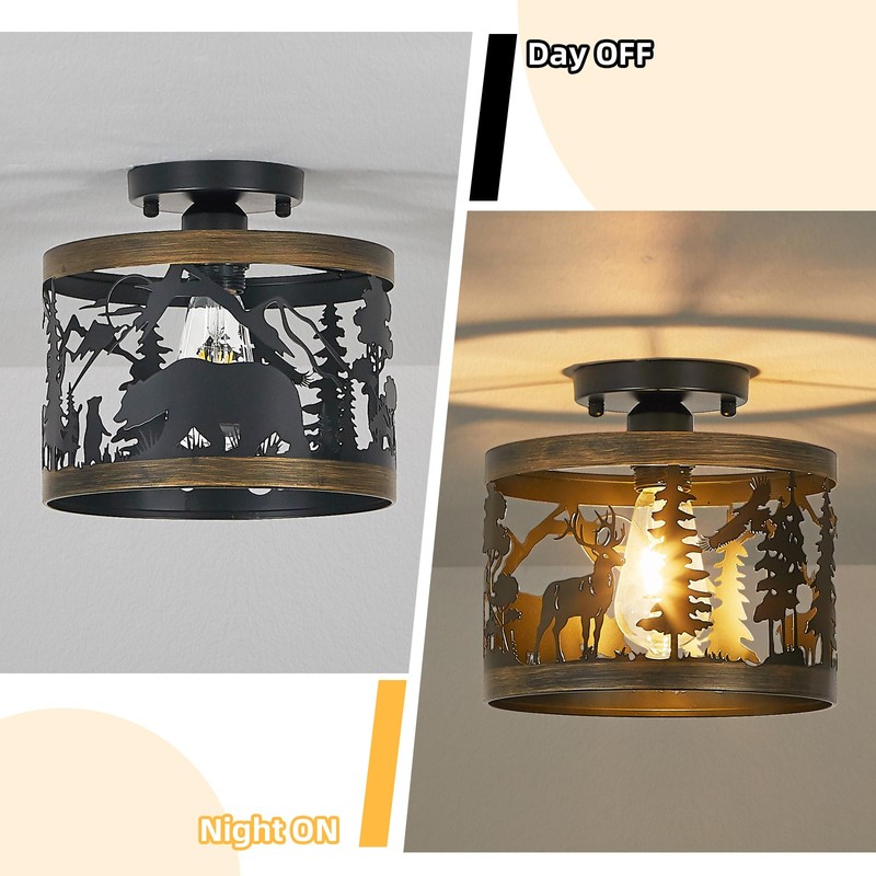 MLGB Rustic Deer & Bear Semi-Flush Mount Ceiling Light, Farmhouse