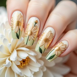 Gradient Flower Press on Nails Long Coffin Fake Nails Daisy Designs Spring Summer Glue on Nails Glossy Flower Acrylic Nails Full Cover False Nails with Glue Reusable Stick on Nails for Women 24PCS