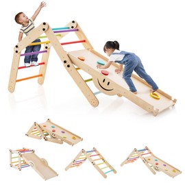GLACER Wooden Climbing Toys for Toddlers, Indoor Jungle Gym w/Reversible Ramp, Seesaw, Adjustable Climber, Foldable Montessori Climbing Set for Kids Over 3 Years Old