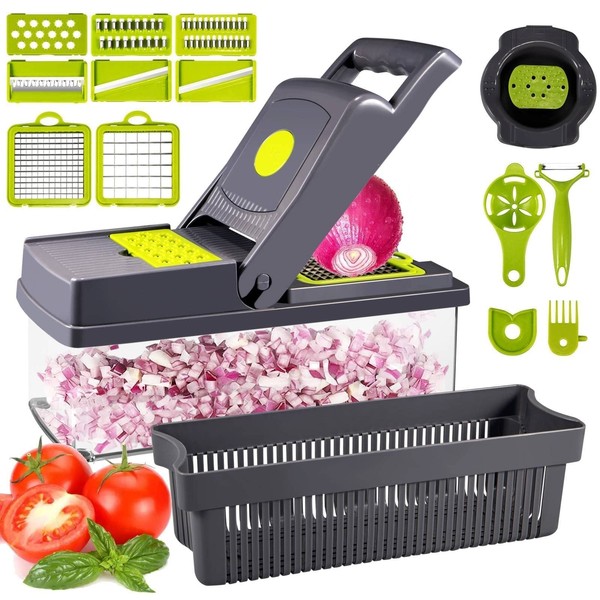 Vegetable Chopper, 15 in 1 Veggie Slicer Cutter with 8 Blade Onion Chopper Large Capacity Vegetable Cutter for Potato Tomato Cucumber Carrot, Safe without Hurting Hands