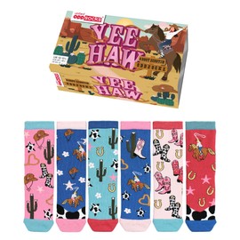United Oddsocks Yee Haw Kids Geschenkbox - 6 Mismatched Cowgirl Socken - Stiefel, Kakteen & Pferde - 15 Combos - UK 12-5.5 US 13.5-8 EU 30.5-38.5 - Western Style Bunte Baumwolle Rich Socken für