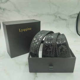 Lyqqine Men's Leather Classical Dragon Carved Jeans Casual Business Belt Slide Ratchet Belt For Gift (Grass carving Dragon 2 Black)