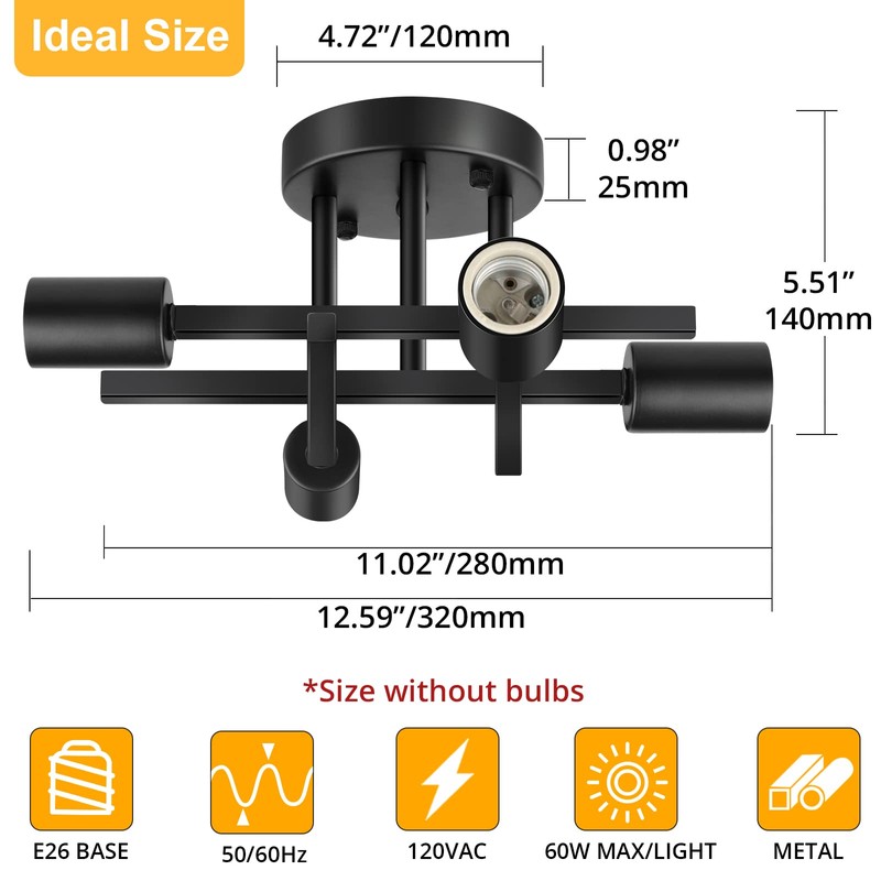 SunRider Industrial 4-Light Semi Flush Mount Ceiling Light Fixture, Modern