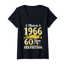 Womens Made In 1966 Floral 60th Birthday Gifts 60 Years Old Women V-Neck T-Shirt