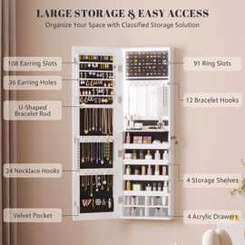 Vlsrka 47.2" LED Jewelry Mirror Cabinet, Wall/Door Mounted Jewelry Armoire Organizer with Full Length Mirror, Large Storage Hanging Cabinet, 4 Drawers, 5 Shelves, Built-in Lighted Mirror (White)