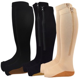 Dress Cici Open Toe Compression Socks, Toeless Compression Socks with Zipper, Zippered Compression Socks for Women (3 Pack: 1 Beige +2 Black), Asia Size XXL