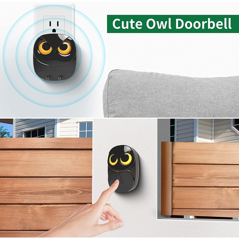 Wireless Doorbell, Cute Owl Doorbell Weatherproof IP55 Outdoor Remote Push