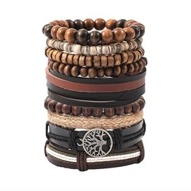 EGOINA Punk Leather Bracelet for Men Women Leather 7-9 PCS Braided Cuff Bracelet Tree of Life Multilayer Leather Bracelet,Tree of life and Wooden Beads
