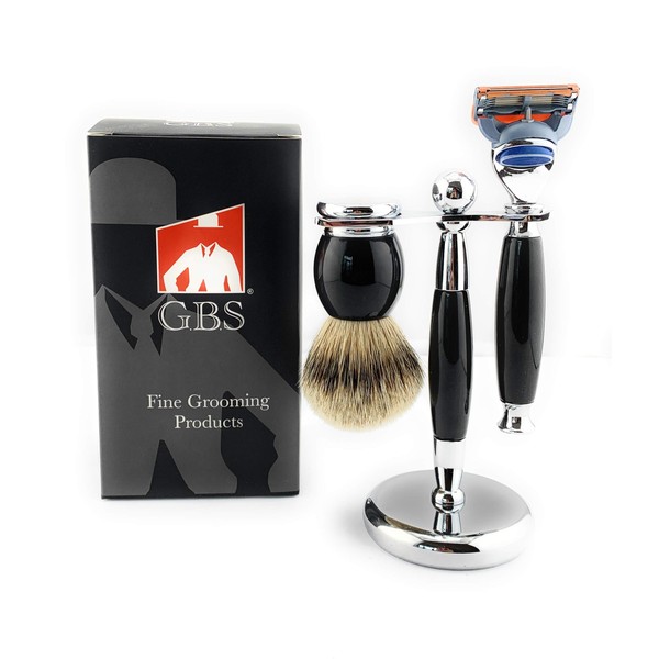 G.B.S Wet Shaving- All Black with Chrome Accents 5 Blade Compatible Razor, Silvertip Super Badger Brush and Stand, Includes 1 Blade, Effortless Glide