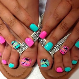 24Pcs Summer Beach Press on Toenails Short Square Fake Toe Nails with Coconut Tree Bird Designs Acrylic False Toenails Blue Pink Glossy Full Cover Glue on Toe Nails Artificial Toenails for Women