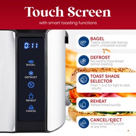 Elite Gourmet ECT5322 Long Slot 4 Slice Toaster, Countdown Timer, Bagel Function 6 Toast Setting, Defrost, Cancel Function, Built-in Warming Rack, Extra Wide Slots for Bagels Waffles, Stainless Steel