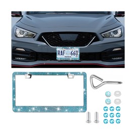 Bling Car License Plate Frame, Crystal Rhinestones Vehicle License Plate Holder Cover with Screws Caps for Woman Girl, Automotive Exterior Tag Bracket, Universal for SUV Sedan Truck (Blue)
