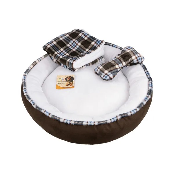 Cama para Perro Pequeño con Frazada Reversible + Juguete Hueso