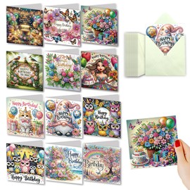 YOKUSHI 12 PCS Diamond Art Painting Birthday Greeting Cards, Fete Day Craft DIY Card Making Kits for Adults Kids Gifts (Happy Birthday)