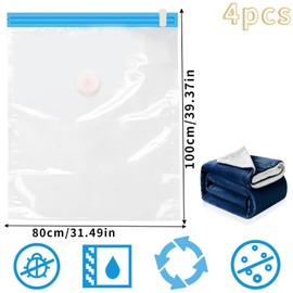 Vacuum Bags for Clothes, Small, Pack of 4, 100 x 80 cm, Vacuum Clothes Bag, Vacuum Space-Saver, Reusable Compression Bags for Clothing, Clothing, Travel, Duvets