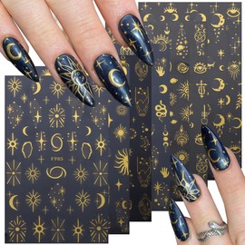 8 Sheets Star Moon Nail Art Stickers Decals 3D Self-Adhesive Nail Art Supplies Sun Stars Moon Space Retro Bronzing Nail Art Design Gold Laser Decals for Women Girls Manicure DIY Decoration Accessories