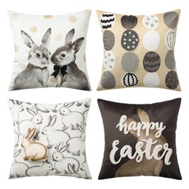 Phantoscope Pack of 4 Happy Easter Throw Pillow Covers, Velvet 3D Bunny Pillowcases Embroidered Egg Letter and Rabbits Pillows Spring Farmhouse Decorative Cushion Covers, Beige, 18x18 inches
