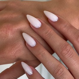 SXVME 48 Pcs White False Nails Almond Medium Length, Acrylic Press on Nails Stiletto, Solid Color Glossy Gel Full Cover Fake Nails for Women Finger Decoration
