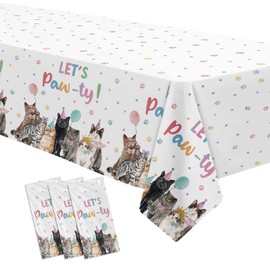 Xenorik Cat Birthday Decorations Tablecloth, Disposable Cat Party Party Supplies Table Cover, Kitten Theme Birthday Party Table Cloth, 3 Pack, 86in x 55in