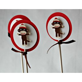 Sock Monkey Birthday Party Cupcake Toppers (Set of 24)