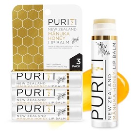 PURITI Bálsamo labial de miel de manuka, paquete de 3 unidades calmante e hidratante, enriquecido con almendras, jojoba, aceites de macadamia, manteca de cacao, hidratante para labios secos y agrietados, 100% miel de manuka de Nueva Zelanda genuina