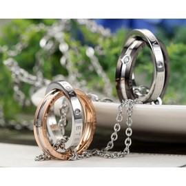 Flongo Partner Friendship Necklace BFF Chain for 2 Couples Pendant Necklace with Engraving Rings Pendant for Men, Women, Stainless Steel