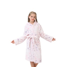 V.&GRIN Girls Fleece Robes, Hooded Plush Soft Fuzzy Warm Fluffy Bathrobe for Kids 3-14 Years（Pink/Stars 3-4）