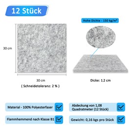 BXI Thickened Sound Absorbing Panels, 12 Pack, 30 x 30 x 1.2 cm, Dense Acoustic Panels, Echo Noise Reduction, Tackable Studio Panels for Wall and Ceiling, Acoustic Treatment (Silver Grey)