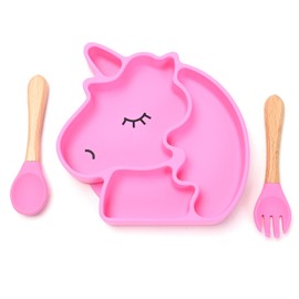 Plato de Bebe de Silicona con Cubiertos, Forma de Unicornio con Ventosa Adherible, Libre de BPA