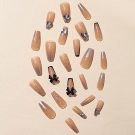 Nail Tip, Long Fashionable, Black, Easy Off Nail, Beads, Mine-based Korean Nail Design, Cool, Cosplay Nail, Nail Art, Cute, Women's, Spring and Summer Nails, 24 Pieces, Stylish, Popular, Present, Self