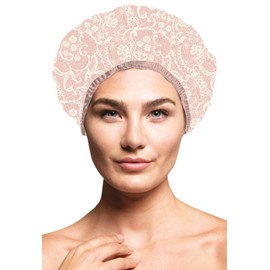 Betty Dain Socialite Collection Terry Lined Shower Cap, Waterproof Nylon Exterior, Reversible Design for Shower or Sleeping Cap, Oversized for All Hair Lengths, Elasticized Hem, Pretty In Pink Lace