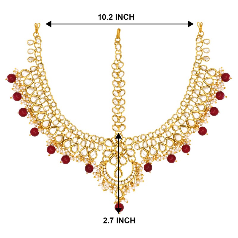 Aheli tradicional chapado en oro rojo Kundan Pearl Maang Tikka