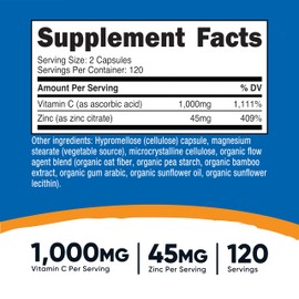 Nutricost Vitamin C with Zinc Capsules, 120 Servings - 1000mg, 45mg Zinc, Non-GMO, Gluten Free Vitamin C Supplement
