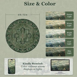 Jainmy Green Round Rugs 6ft for Living Room, Washable Non Slip Low Pile Thin 6 Feet Circle Rug for Dining Room Table Kitchen, Vintage Medallion 6x6 Round Rug Carpet for Bedroom Home Office Nursery
