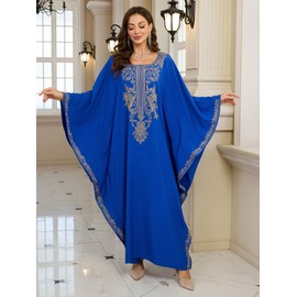 RanRui Women's Embroidered Kaftan Dresses Beach Blouse Cotton Gold Embroidered Holiday Robe, L4125-0, One Size