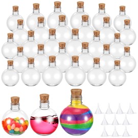 Baderke 30 Pcs Spherical Plastic Potion Bottles for Kids 3, 5, 6 oz Ball Shape Round Sand Art Bottles 10 Pcs Funnels for Wedding Cocktail Ornament Decorative Candy Jar DIY Crafts(Wood,Cork Topper)