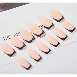 JUSTOTRY 24 Pcs Black French Press on Nails Short Pattern,Glossy Fake Nails Square with Nail Glue,Trendy Squoval Stick on Nails for Women and Teens,Nude Glue on Nails for Nails Art Gifts