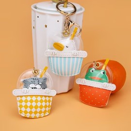 [LeChengMM] Creative Funny Milk Tea Bubble Cup Hidden Cartoon Keychain Leather Keychain Rucksack Car Keychain Pendant (Frog)