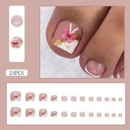 French Tip Press on Toenails Pink Butterfly Fake Toenails Gold Glitter Toenails Tip Full Cover Acrylic Toenails Glossy Stick on Toenails Nude Glue on Toenails Short Artificial Toenails for Women 24Pcs